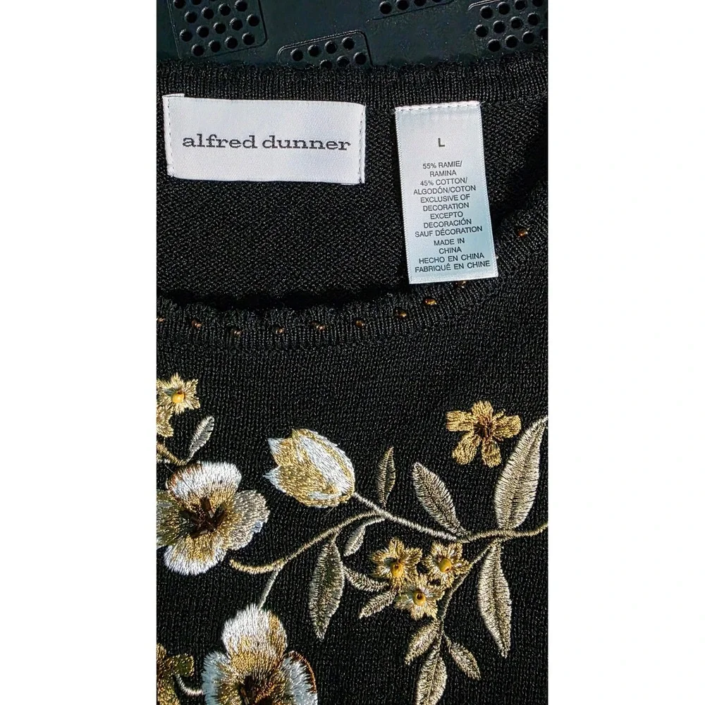 Alfred Dunner Womens Black Floral‎ Embroidered Beaded Knit Sweater Top Large